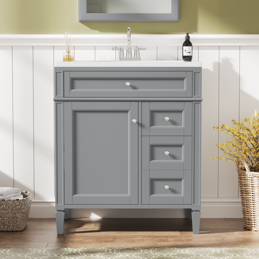 30 Bathroom Vanity With Top Sink, Modern Bathroom Storage Cabinet With 2 Drawers And A Tip-out Drawer, Single Sink Bathroom Vanity
