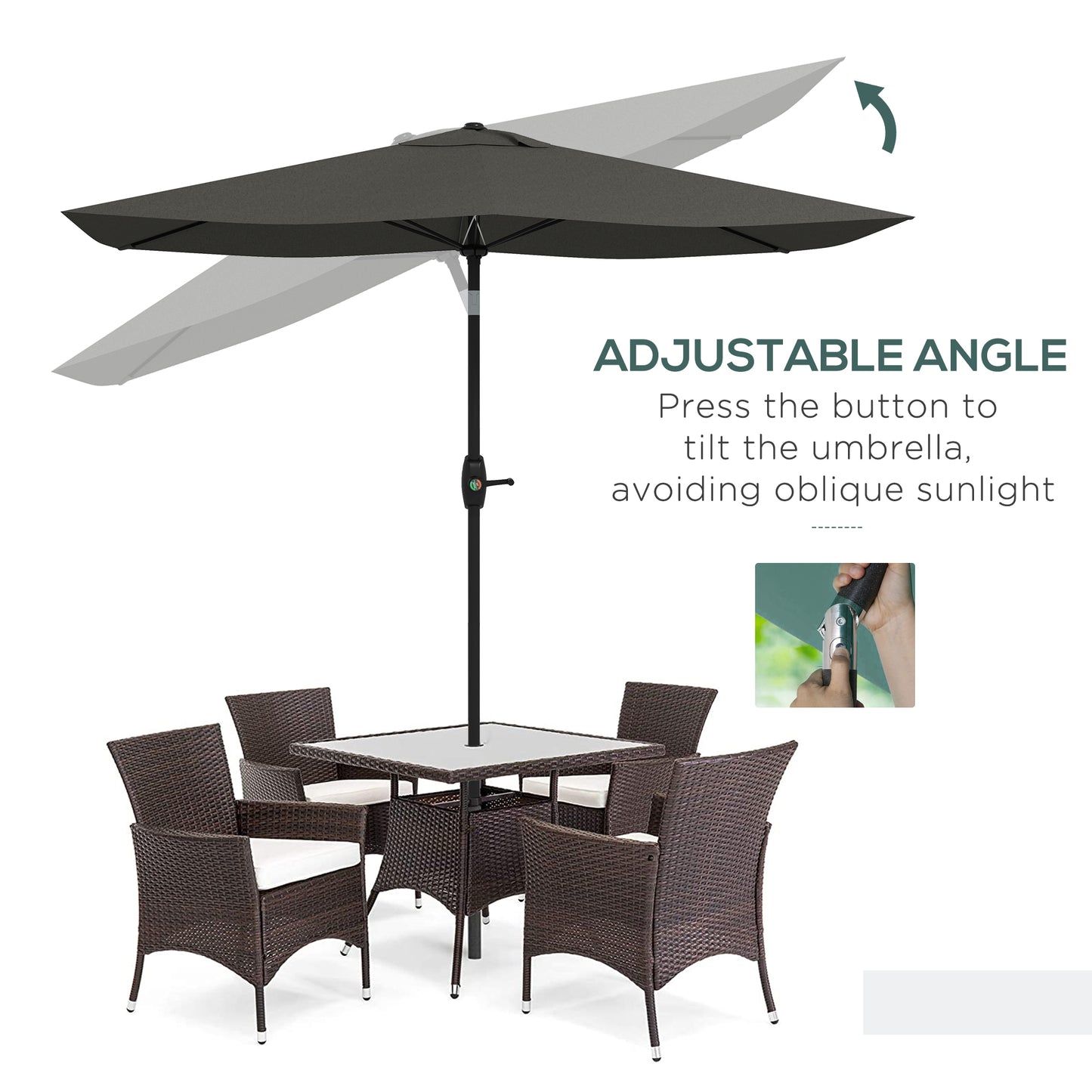 6.5' X 10' Rectangular Outdoor Patio Table Market Umbrella With Crank And Push Button Tilt, Dark Gray