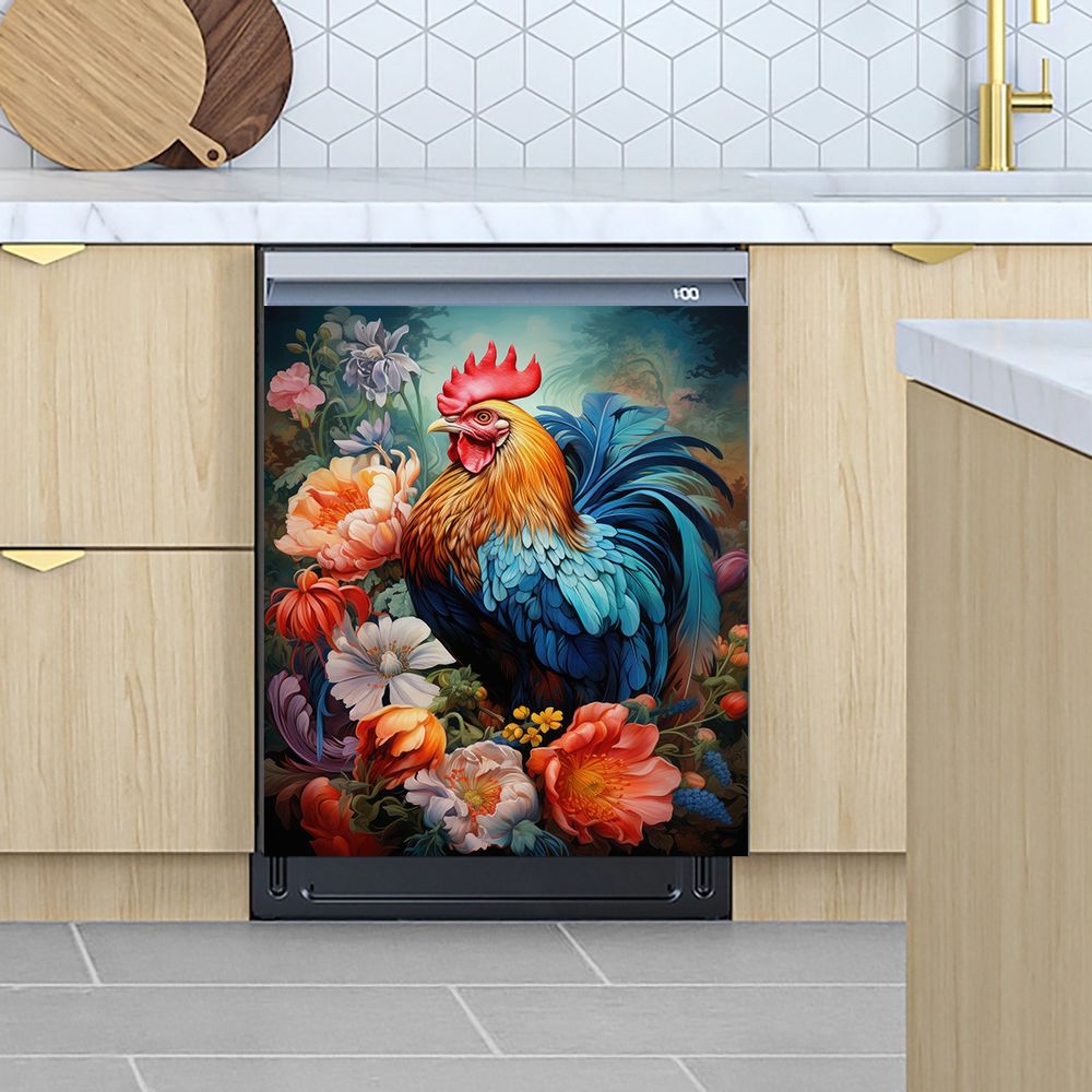 1 Piece 2D Flat Dishwasher Magnet Cover, Rooster And Flowers - Refrigerator Door Sticker, Easy To Clean Appliance Panel Sticker