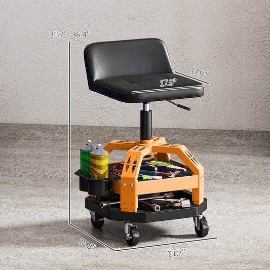 Rolling Creeper Garage Stool, 300 LBS Capacity Mechanic Stool With 360 Degrees Wheels, Tool Tray, Adjustable Height, Blue