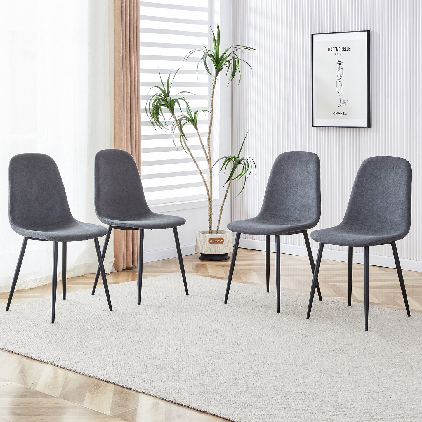 A Set Of 4 Modern Dining Chairs, Made Of Dark Gray Linen Fabric, With A Fully Assembled Backrest, Easy To Assemble, Sturdy Metal Legs, And Anti Slip Feet, Suitable For Kitchens . W115164380