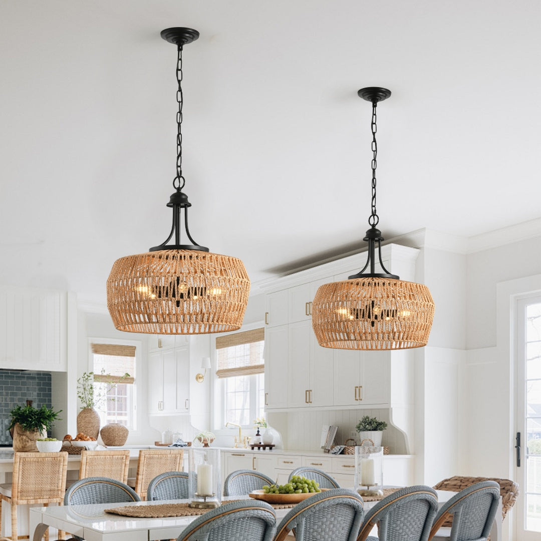 19 Boho Hemp Rope Pendant Light, Hand-Woven Jute Hanging Lamp With Adjustable Chain, Natural Rope Shade Ceiling Light Fixture For Kitchen Island, Dining Room, Or Entryway Bulb Not Included