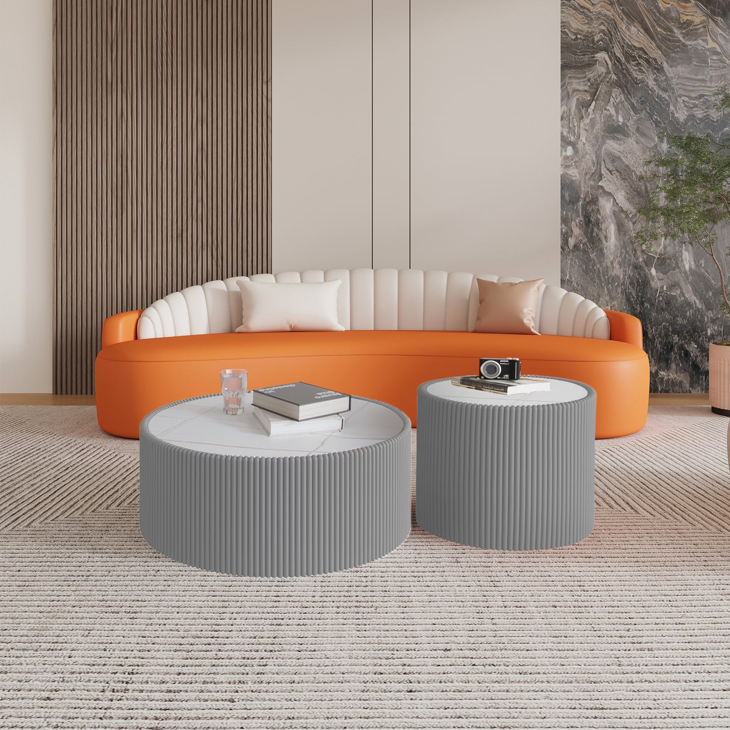 Light Sintered Stone Top Cylinder Shape Leather Coffee Modern Sofa Table For Living Room Furniture Each Tabletop Has A Unique Gold Pattern