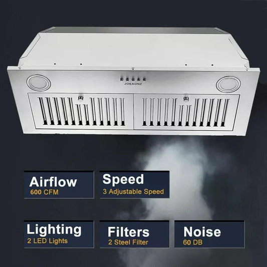 30 Inch Insert Range Hood 600 CFM; Built-in Stainless Steel Range Hoods With Right Button Controls And Back LED Lights; Kitchen Hood For Over Stove; Ducted/Ductless Convertible Vent Hood