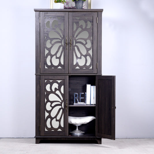 Display Sideboard Buffet With 4 Acrylic Mirrored Doors, Adjustable Shelves Storage Cabinet For Kitchen, Living Room, Bedroom Cabinet, MDF Dark Brown Finish