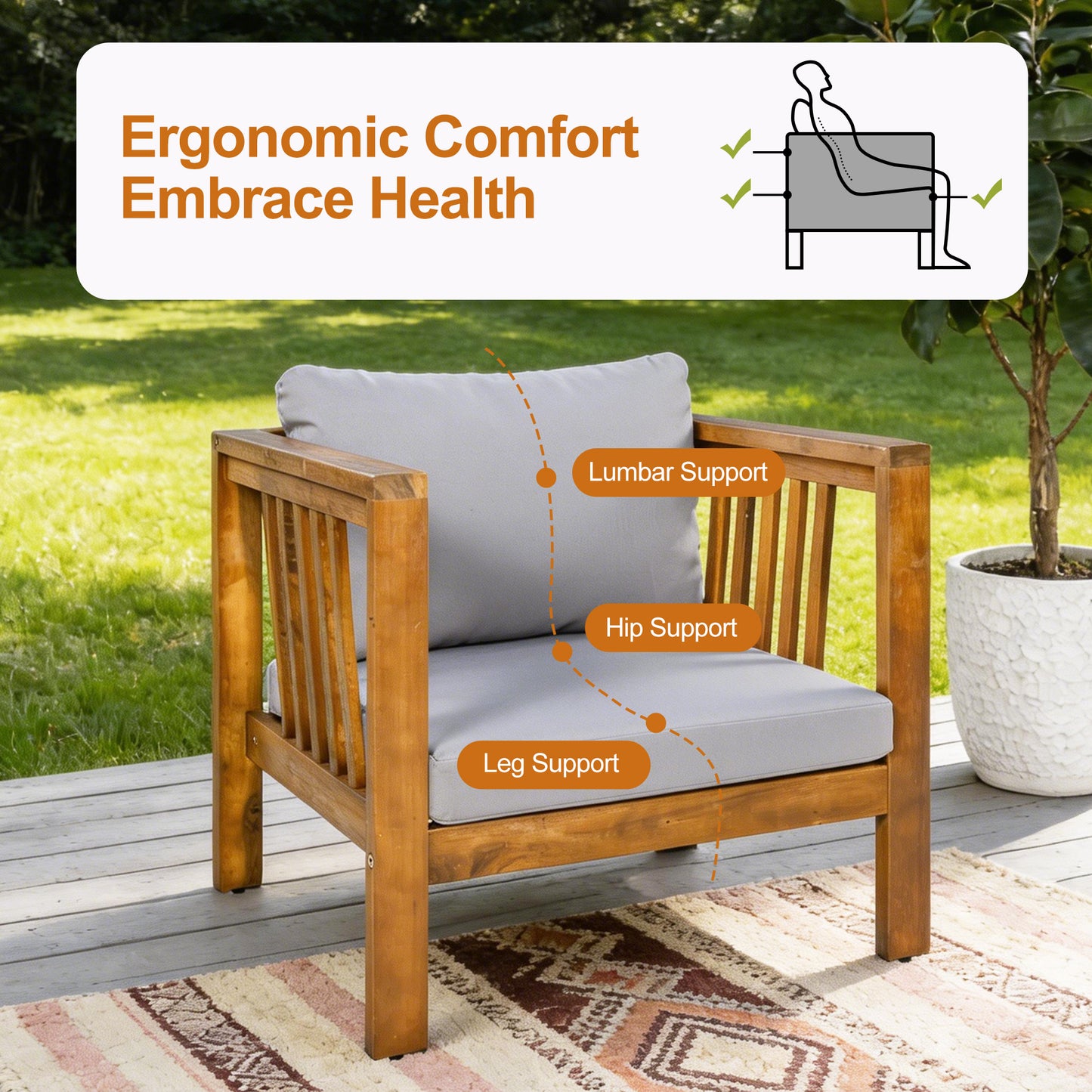 Outdoor Acacia Wood Club Chair With Modern Square Arms, Patio Chair With Thick Cushion, Adjustable Leveling Feet For Poolside, Deck, Grey Cushion