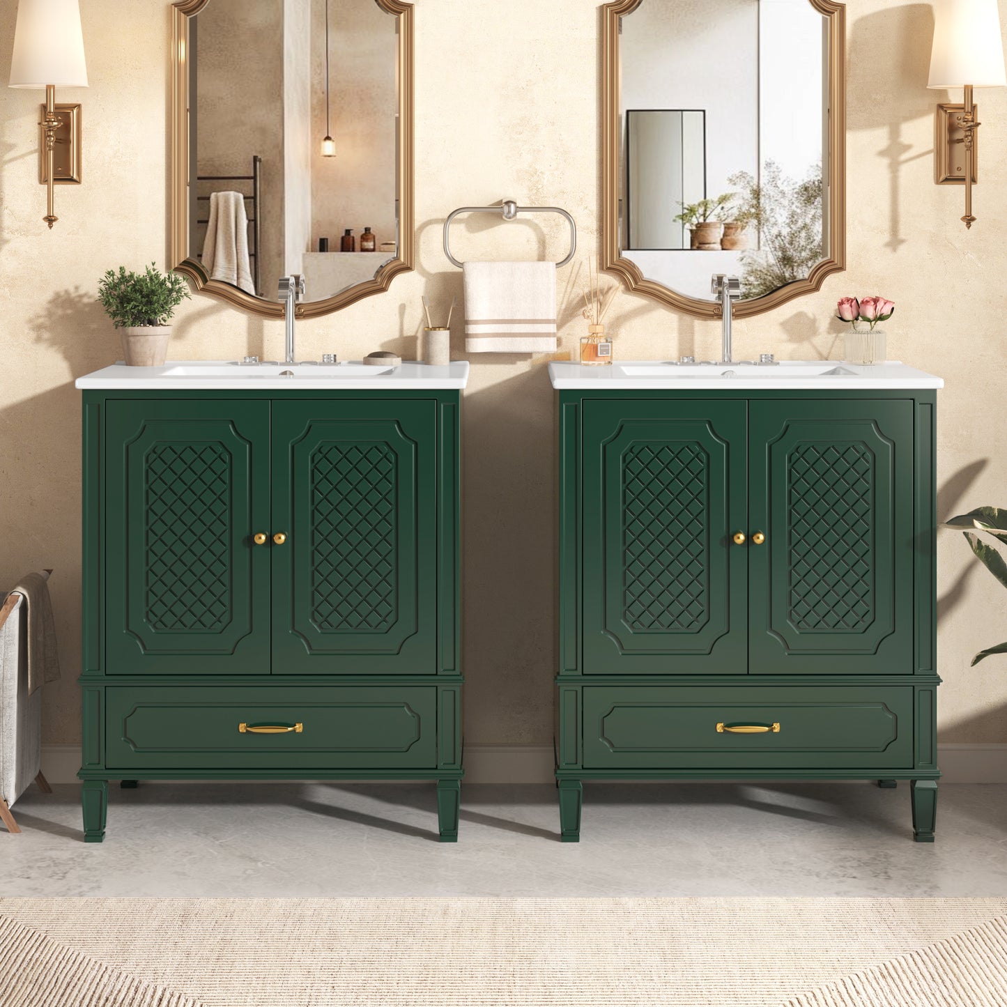 60 Bathroom Vanity With Double Sink Combo Set, 2 Cabinet With Door Organizers, 2 Drawers, Green