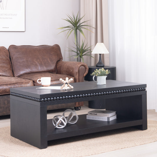 Modern Black Coffee Table With Beaded Trim 47 Rectangular Coffee Table With Open Storage Shelf, Solid Black Finish Contemporary Living Room Accent Furniture