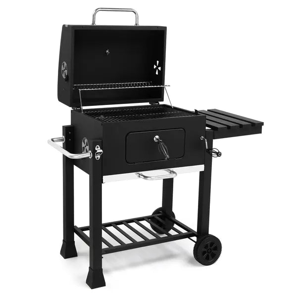 Charcoal Grill With Foldable Side Table And Wheels, Heavy-duty BBQ Grill For Outdoor Picnics Patio Garden And Backyard Grilling