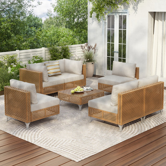 K&K 7-Piece Wicker Patio Furniture Set, Outdoor Conversation Set Sectional Sofa With Water Resistant Beige Thick Cushions And Coffee Table For Outdoor Couch, Porch, Backyard - Beige