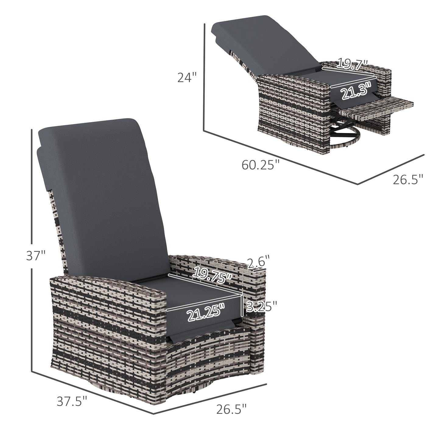 Outdoor Wicker Swivel Recliner Chair, Lifting Footrest, 360 Rotating Basic, Water-resistant Cushions, Gray