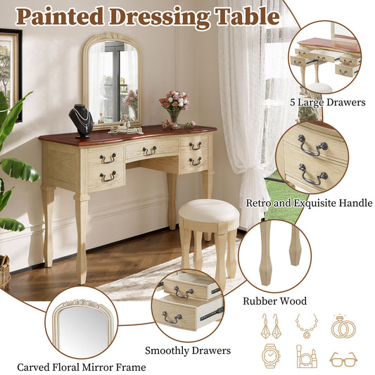 46 Vintage Makeup Vanity With Curved Flower Frame Mirror, Elegant Dressing Table With 5 Drawers And Leather Stool, Vanity Desk With Solid Wood Legs And Antique Handles For Bedroom
