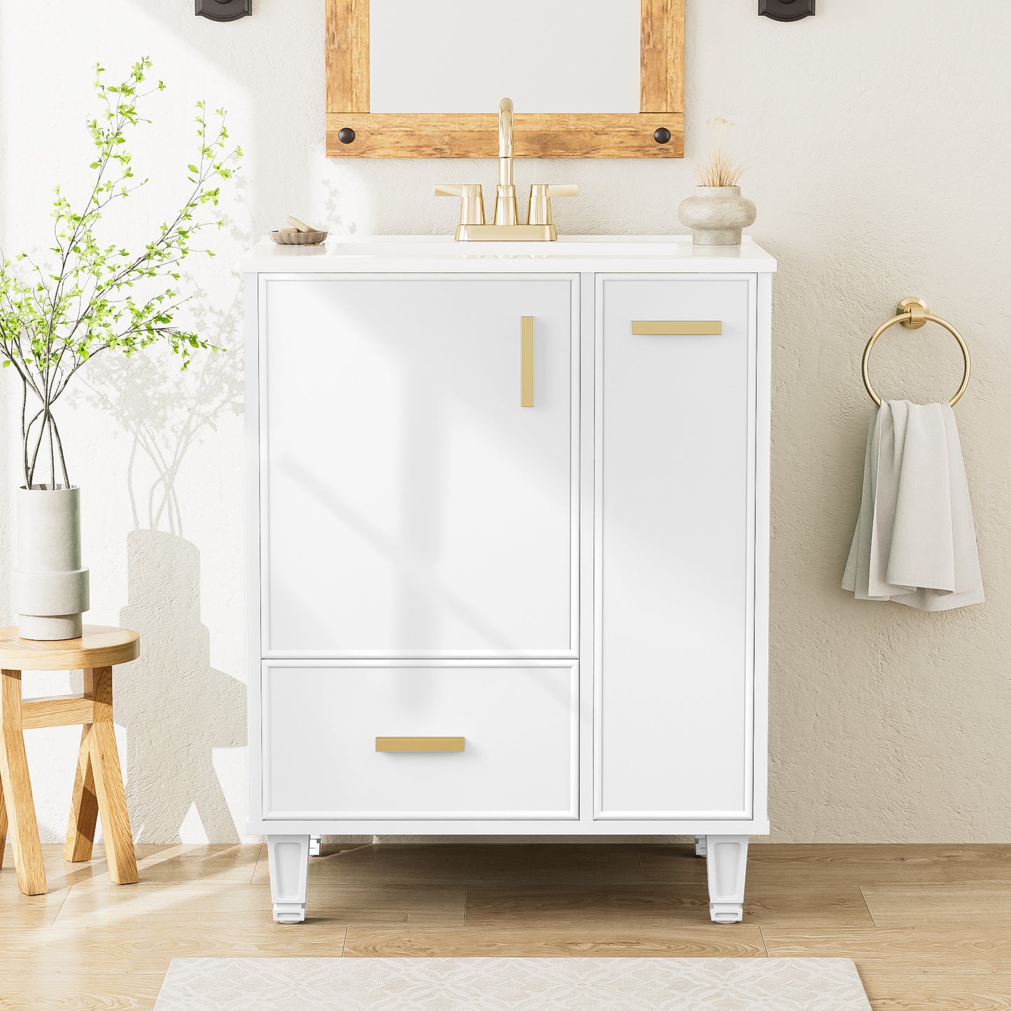 24 Bathroom Vanity With Sink, Bathroom Cabinet With Door Shelf, Deep Drawer, 2-Tier Pull-Out Basket, Solid Wood Frame And MDF Board, One Package, White