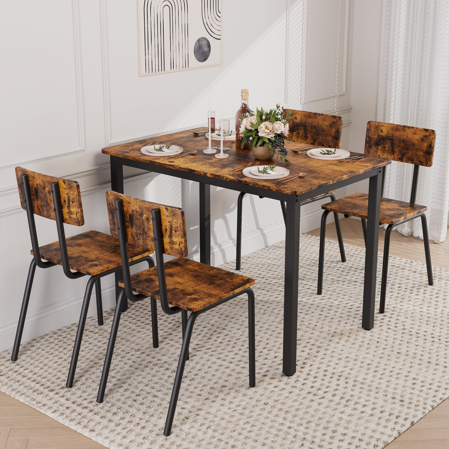 5-Piece Dining Table Set With 4 Chairs, 43 Kitchen Table & Chairs Set For 4, Dining Room Table With Metal Frame & MDF Board, Perfect For Small Space, Easy Clean