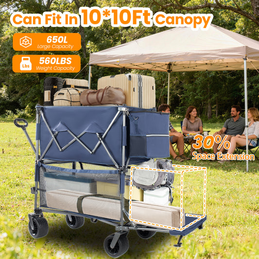 55 Heavy Duty Double- Layer Wagon With Brakes 560LBS Double Decker Wagon 650L Collapsible Wagons Carts With 7 X4 All- Terrain Wheels For Sports Camping Fishing Transport Dark Blue
