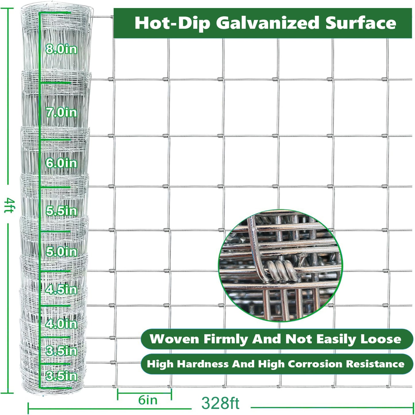 Farm Fence 4ft X 328ft 14Gauge Heavy Zinc Coating Cattle Fence,Galvanized Field Wire Fencing Deer Fence,Goat Fence,Hog Wire Fencing For Yard Livestock & Animals Protection