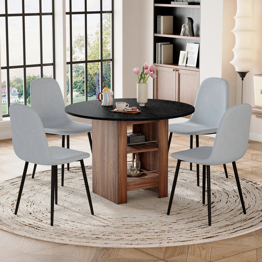 Table And Chair Set. 42 Inch Round MDF Black Dining Table With Double-layer Storage Shelves, Stable Frame. Paired With 4 Light Gray Linen-Cotton Material High Resilience Dining Chair With Metal Leg.