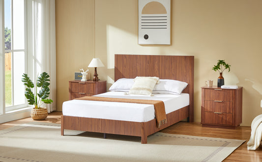 Full Size Wooden Corrugated Curved Lines,No Box Spring Needed, Walnut.