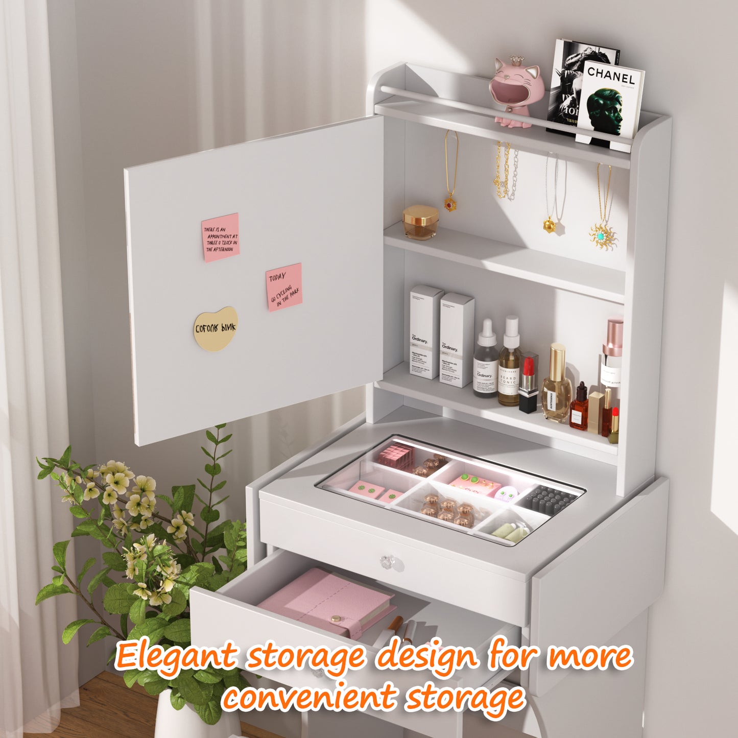 Vanity Set For Small Bedrooms - Small Space Makeup Vanity With Stool, Compartmentalized Drawers & 20cm Foldable Side Tables Left And Right