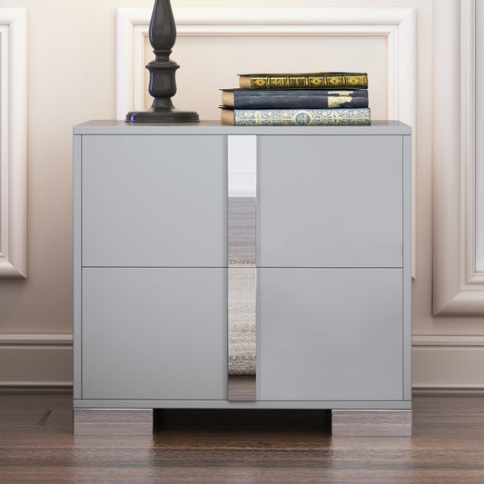 Elegant Nightstand With Metal Foot, Mirrored Bedside Table With 2 Drawers For Bedroom, Living Room, Gray