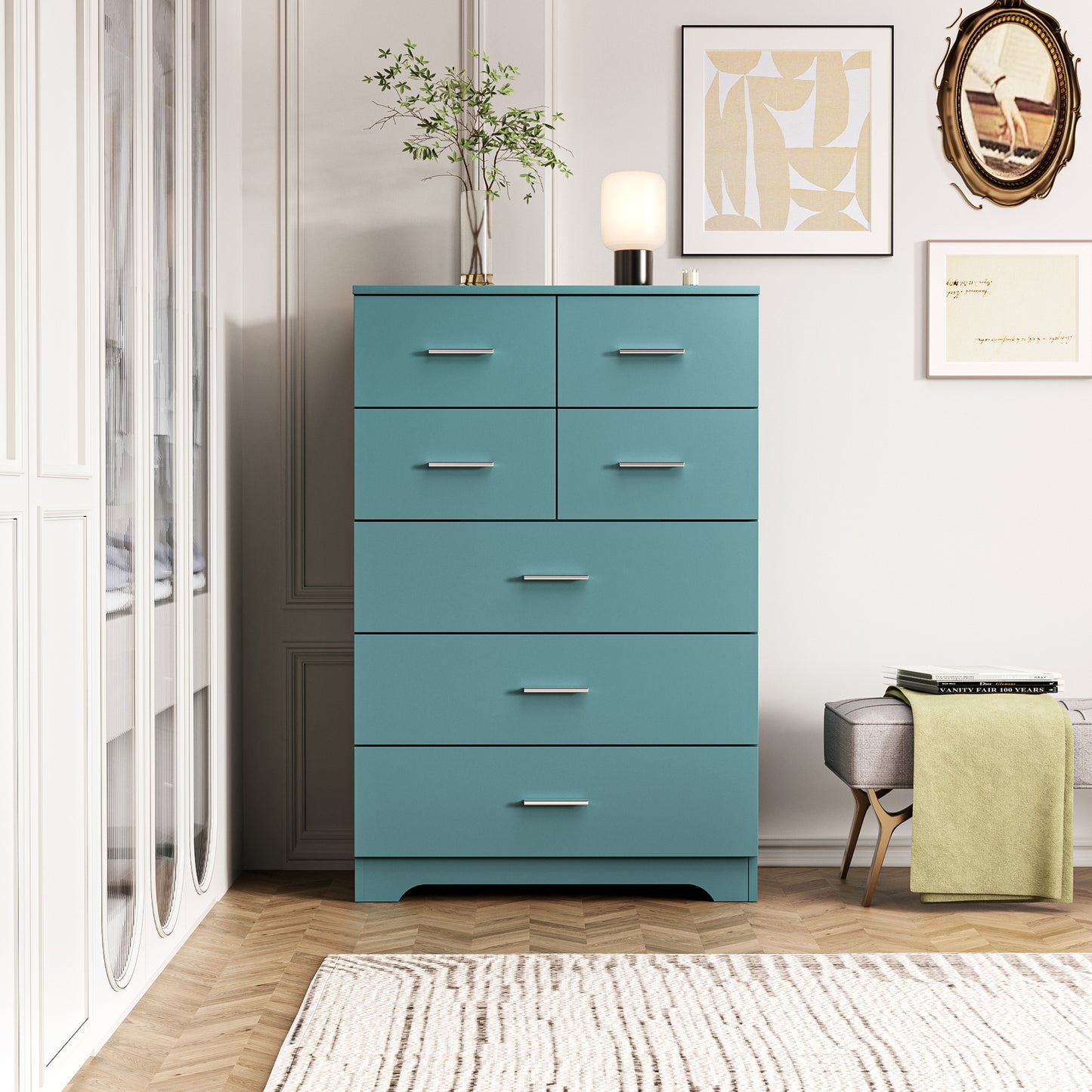 Wooden 7-Drawer Storage Cabinet With Built-In Outlet Durable Organizer For Bedroom, Living Room, And Office