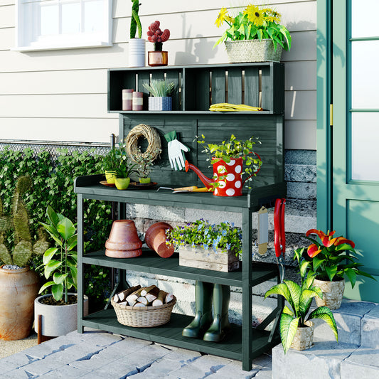 TOPMAX 65 Large Wooden Farmhouse Rustic Outdoor Potting Bench Table, Patio Workstation, Garden Potting Bench With 4 Storage Shelves And Side Hook, Forest Green