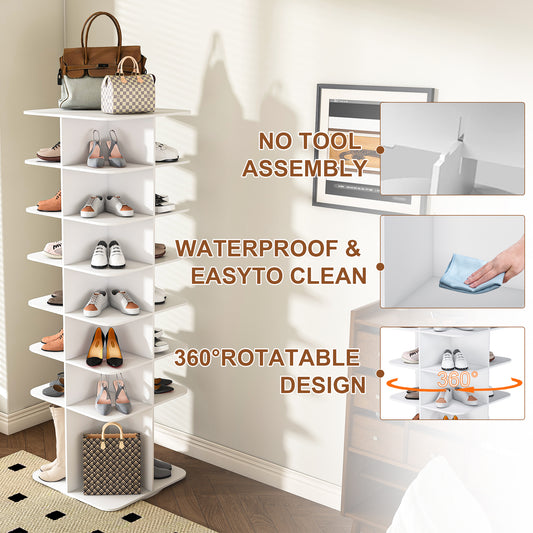 Rotating Shoe Rack Tower, 7-Tier Spinning Shoe Rack, Free Standing 360 Revolving Shoe Organizer, High Bottom Design Shoe Tower Spinning Storage Lazy Susany, Fits 28 Pairs Of Shoes 7-Tier White