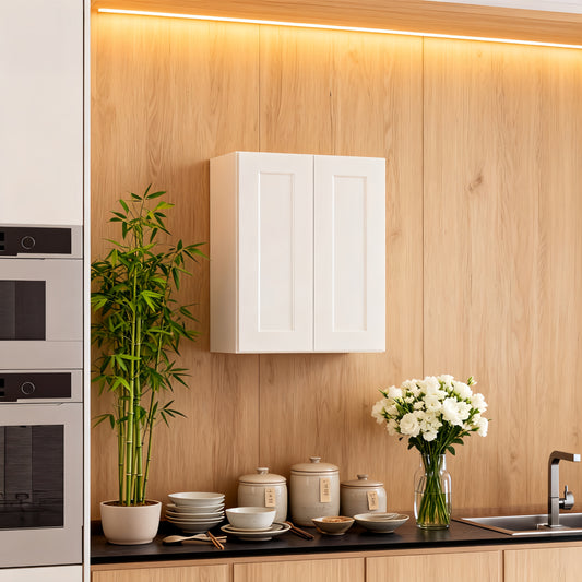 White Shaker Solid Wood Wall Cabinet With Soft-Close Doors, Adjustable Shelves - 24 Double Door Storage For Kitchen, Bathroom, Laundry, Garage Easy Assembly, 24 W X 12 D X 30 H
