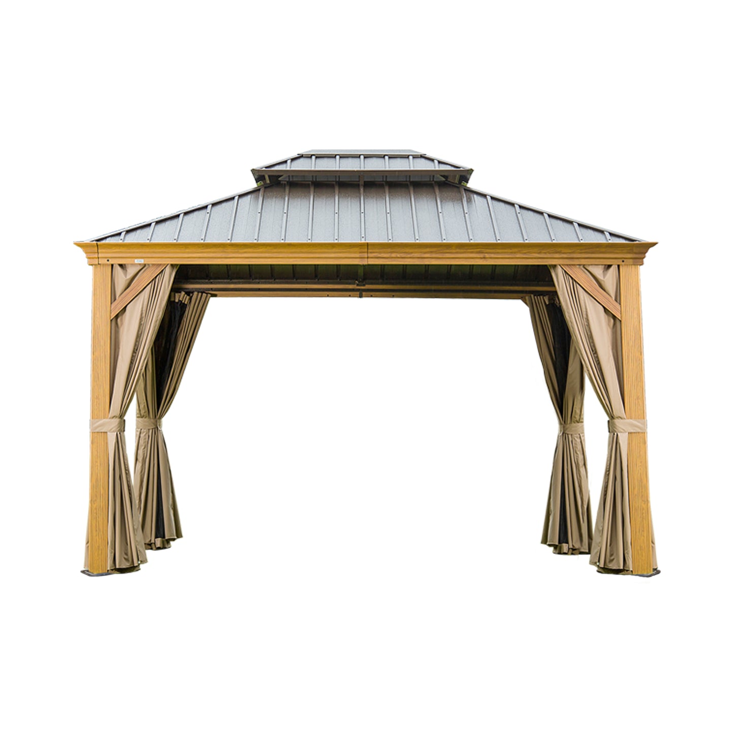 10 X 14 Hardtop Gazebo Outdoor Metal Gazebo Canopy With Galvanized Steel Double Roof, Wood Grain Aluminum Frame, Curtains And Netting For Patio, Deck, Garden