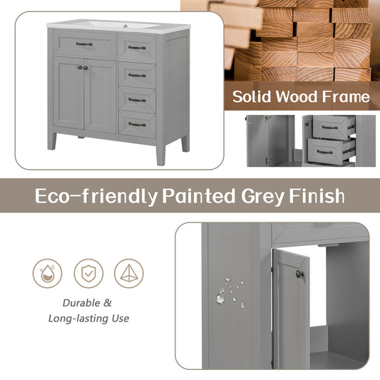 36 Bathroom Vanity Without Sink, Cabinet Base Only, Bathroom Cabinet With Drawers, Solid Frame And MDF Board, Grey