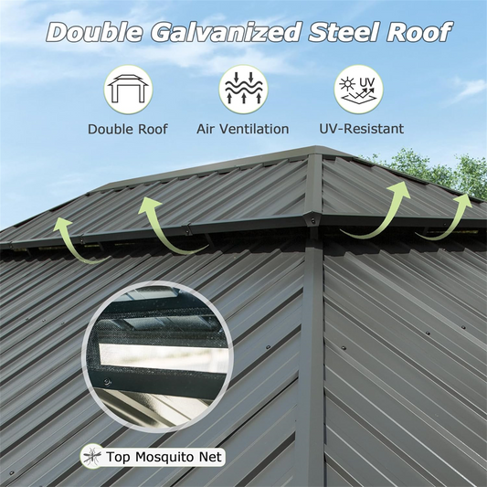 12 X 18 Hardtop Gazebo, Aluminum Metal Gazebo With Galvanized Steel Double Roof Canopy, Curtain And Netting, Permanent Gazebo Pavilion For Patio, Backyard, Deck, Lawn