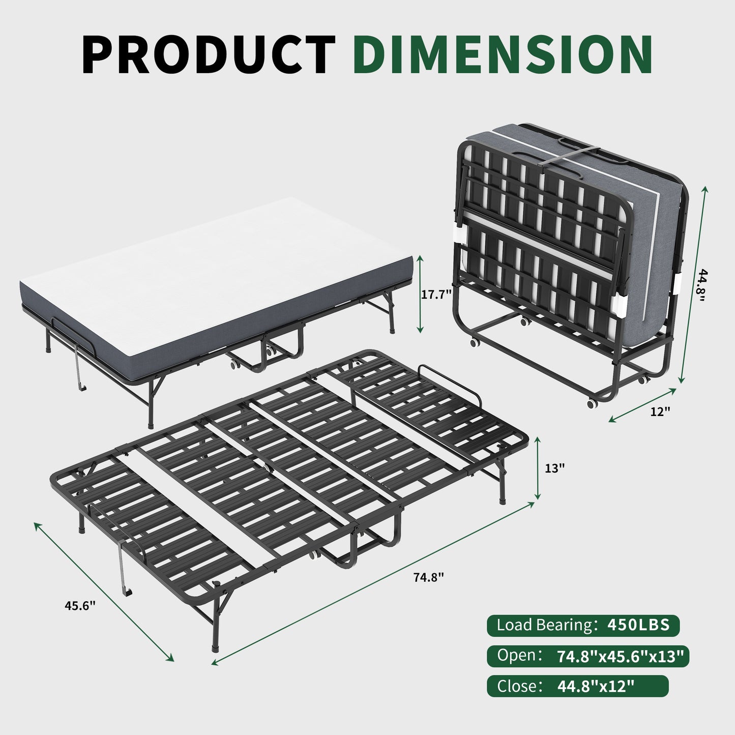 Large 75x46 Wide Folding Bed For Tall People, Extra Long & Wide Rollaway Bed With 5 Memory Foam, Heavy-Duty 450lbs Capacity Guest Bed, Spacious Portable Twin Cot