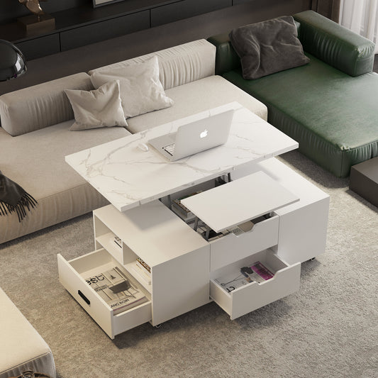 Modern Lift-Up Coffee Table With 2 Stools Set For Living Room Expandable Hidden Storage Drawers Space Saving Folding Dining Table