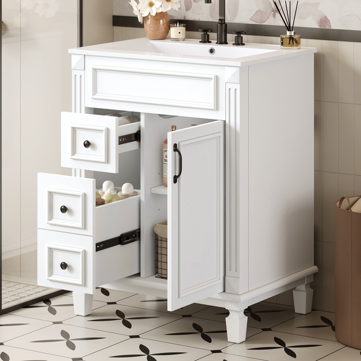 24 Bathroom Vanity With Ceramic Sink, Small Bathroom Sink Cabinet, Modern Cabinet With 2 Drawers And Adjustable Shelf