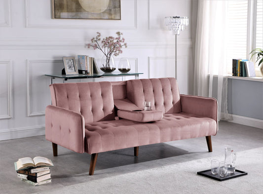 72 Sleeper Sofa Bed - Convertible Folding Backrest To Full Bed With Cup Holder & Drop-Down Table - Space Saving Linen Sofa For Small Spaces - Easy Assembly, Pink