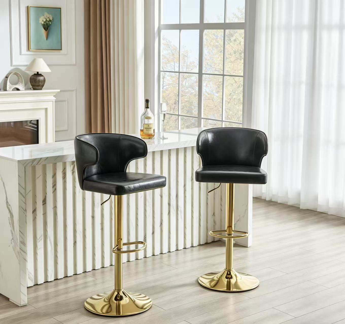 Modern Rotating Adjustable Bar Chair, PU Leather Belt Backrest Swivel Chair, Suitable For Kitchen Bar Counter And Dining Room, Adjustable Height, Capable Of Bearing 300 Pounds Black -2 Pieces