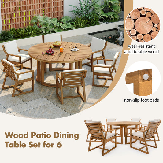 TREXM Patio Dining Table Set For 6 Round Dining Table With 1.96 Umbrella Hole Outdoor Wooden Patio Furniture Set With Removable Cushions For Garden Backyard And Pools Light Teak Beige Cushion