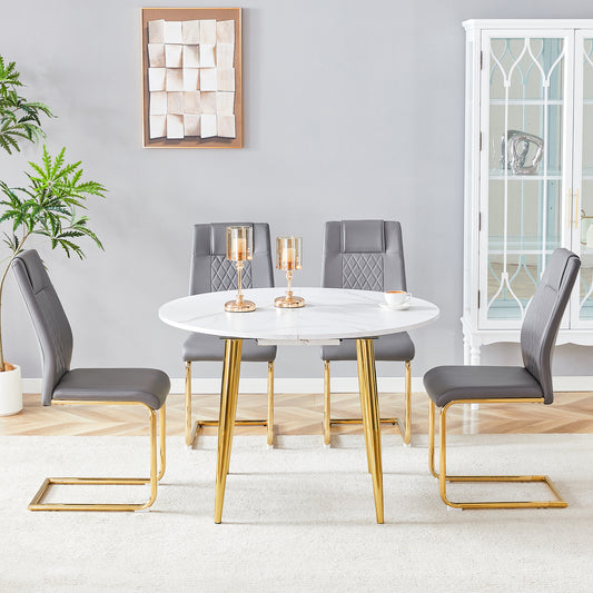 Table And Chair Set.Extendable MDF Dining Table.The Pull-out Table Is Ideal For A Wide Range Of Families,suitable For Gatherings Of Different Size.Paired With 4 Dark Gray Chairs With Gold Metal Legs.