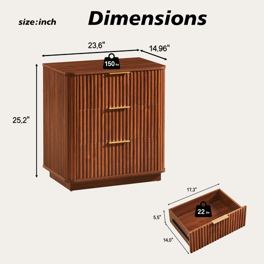 3 Drawers Nightstand Set Of 2, 23.6 Wide Modern Chest Of Drawers Curved Wave Design, Nightstand, Wood Drawer Organizer For Bedroom, Living Room, Hallway, Walnut,23.6 W X 15 D X 25.2 H.