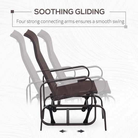 1-Person Outdoor Glider Swing, Single Rocker, Ergonomic Head Support, With Lightweight Metal & Mesh Construction, Supports Up To 352 Lbs., For Backyard, Garden, Porch, Brown