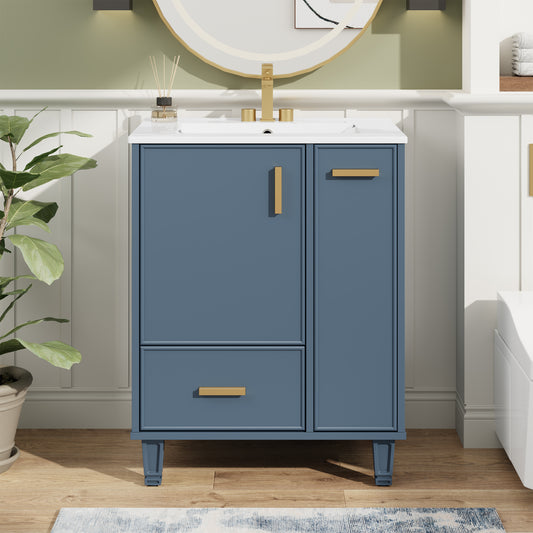 24 Bathroom Vanity With Sink, Bathroom Cabinet With Door Shelf, Deep Drawer, 2-Tier Pull-Out Basket, Solid Wood Frame And MDF Board, One Package, Grey Blue