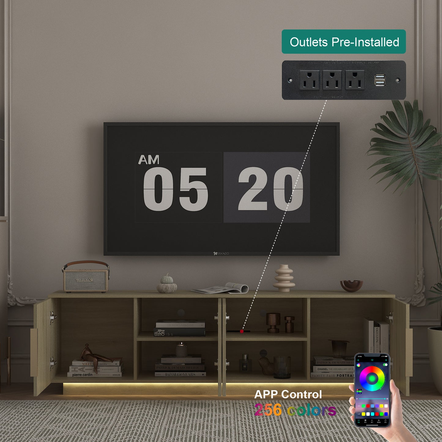 TV Stand With 16 Color LEDs,68 Modern TV Stand, TV Cabinet Entertainment Center For 55 60 65 Inch TV