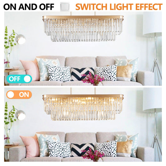 Chandeliers,Rectangular Crystal Chandelier Adjustable,E12 Modern Industrial Crystal Lights,Farmhouse Iron Ceiling Hanging Light For Kitchen Living Room Bedroom-Gold-Bulb Not Included