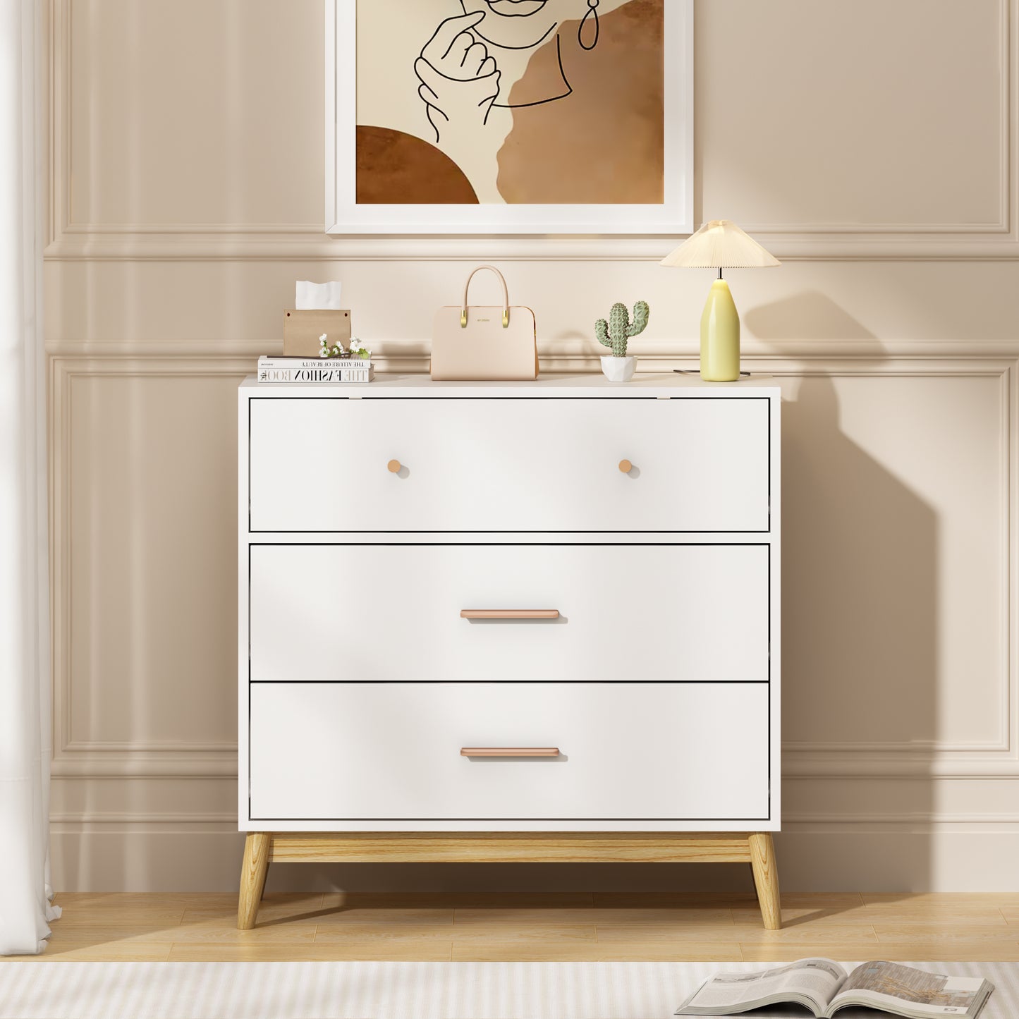 Nordic Style 3-Drawer Storage Cabinet, Modern White Chest Of Drawers With Rose Gold Handles & Solid Wood Base, Small Space Organizer For Office, Kids Room, Nursery