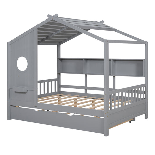 Wooden Full Size House Bed With Trundle, Modern Design For Kids With Storage Shlef, Gray Old SKU HL000095AAE
