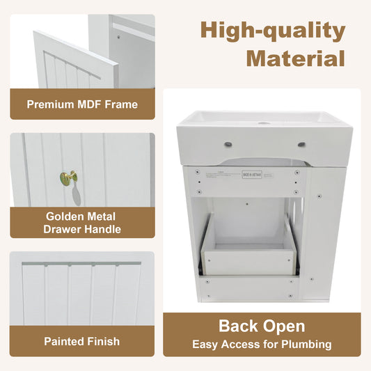 20-Inch Bathroom Vanity With Ceramic Sink, MDF Storage Cabinet With Drawer, Side Shelf & Golden Handle -Space-Saving Modern Vanity For Small Bathrooms