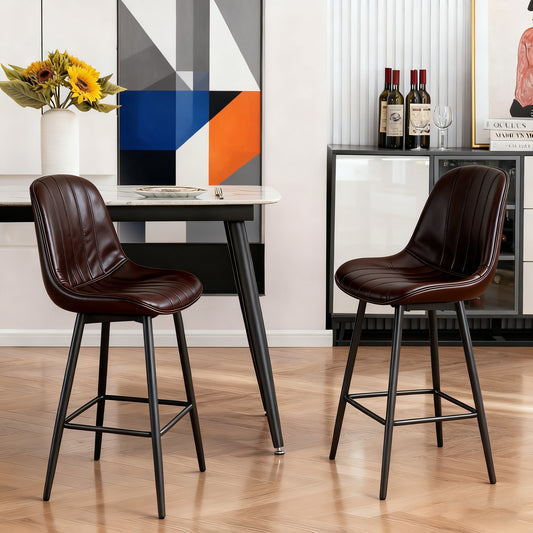 Modern Bar Stools With Swivel Mechanism, PU Padded Seats With Back Support & Metal Legs Ideal For Kitchen Islands, Home Bars, Commercial Bars, Dark Brown Set Of 2