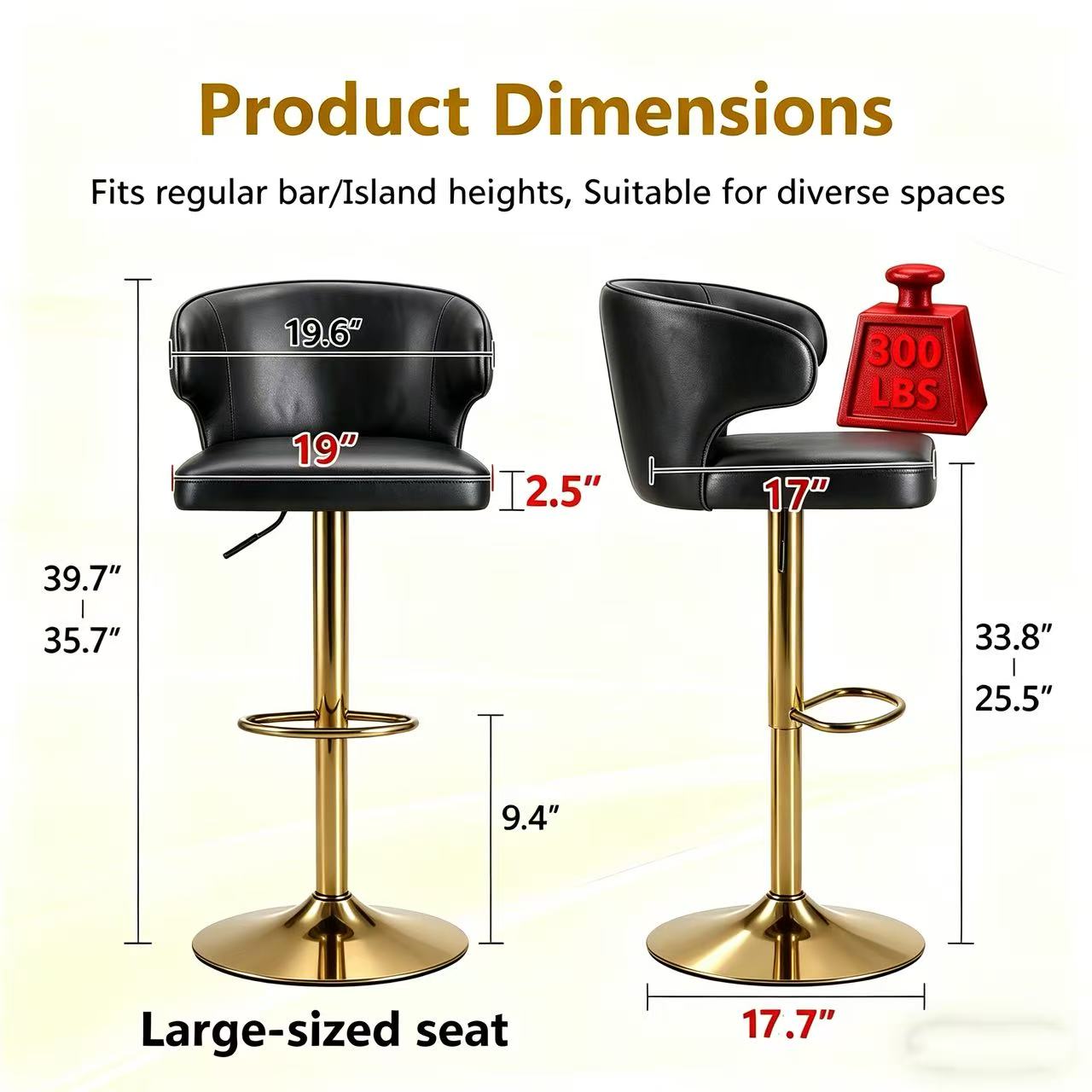 Modern Rotating Adjustable Bar Chair, PU Leather Belt Backrest Swivel Chair, Suitable For Kitchen Bar Counter And Dining Room, Adjustable Height, Capable Of Bearing 300 Pounds Black -4 Pieces