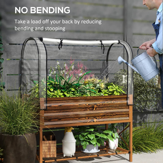 Raised Garden Bed With Legs And Cover, Metal Elevated Planter Box With Bottom Shelf And Liner For Vegetables, Brown