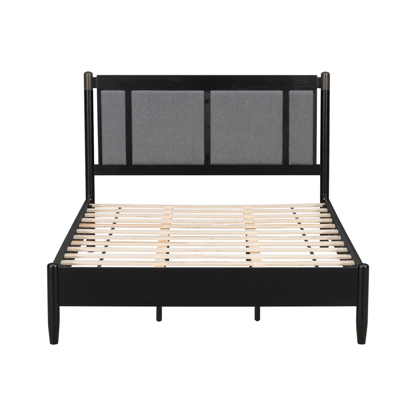 Solid Wood Queen Bed, Heavy Duty 500 Lbs Support, No Box Spring Needed, Black Upholstered Headboard With Metal Handles